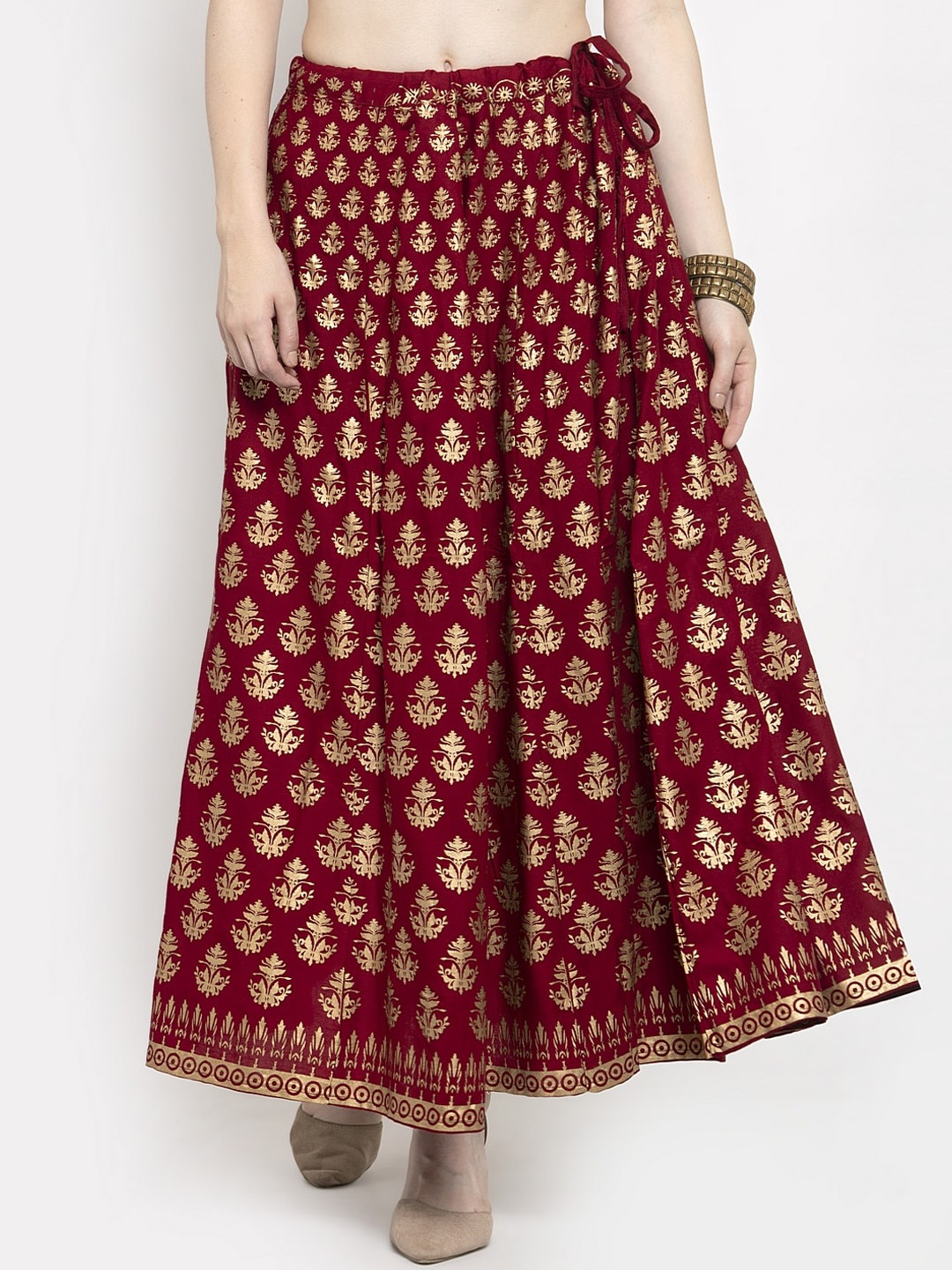 Clora Creation Women Maroon & Gold-Coloured Printed Flared Maxi Skirt