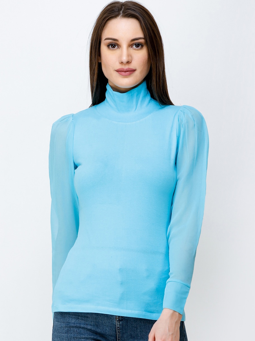 

SCORPIUS Women Blue Solid High Neck Top