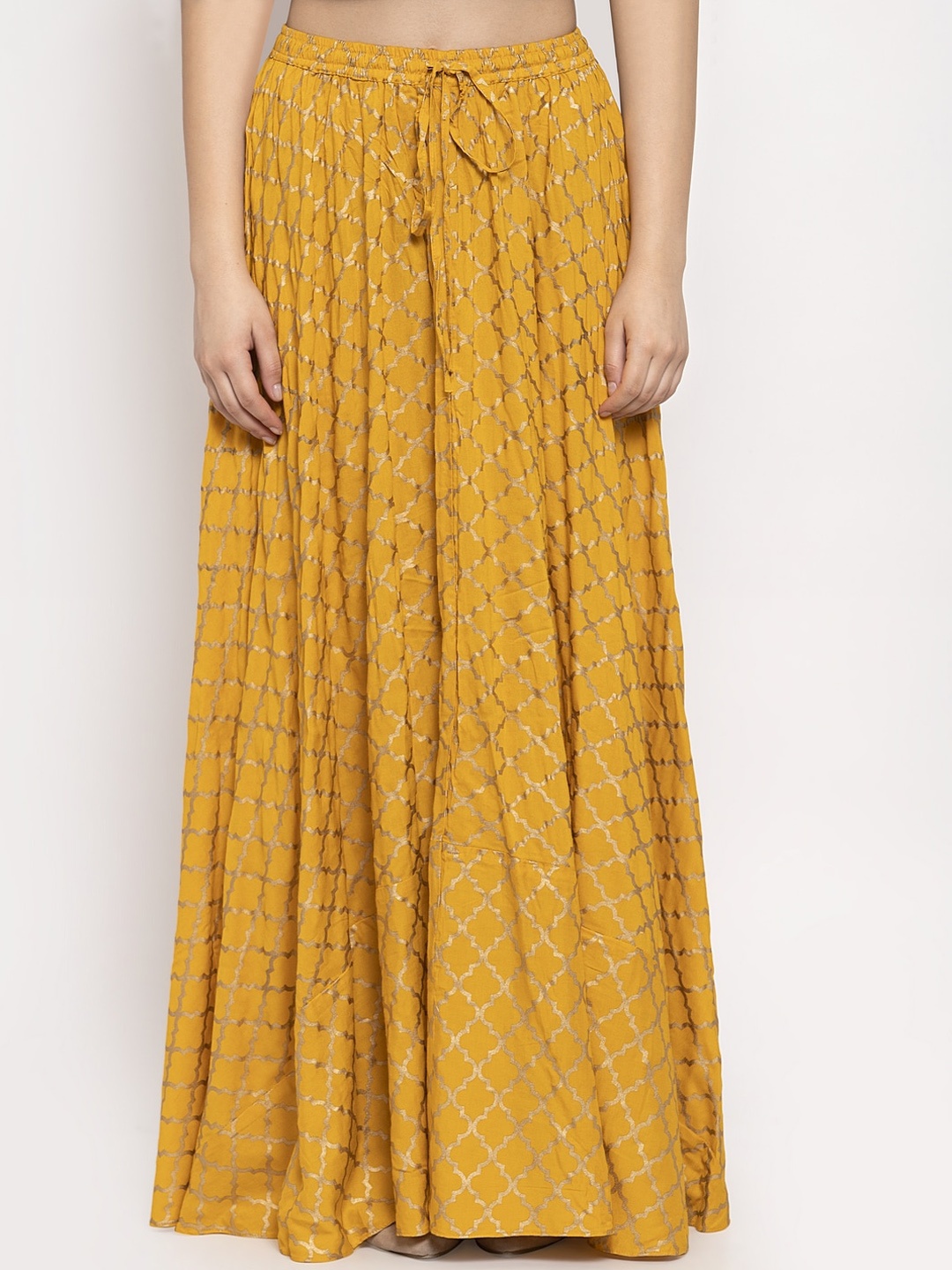 

Clora Creation Mustard Yellow Checked Flared Maxi Skirt