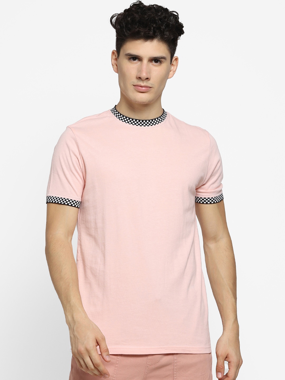

FOREVER 21 Men Pink Solid Round Neck Pure Cotton T-shirt