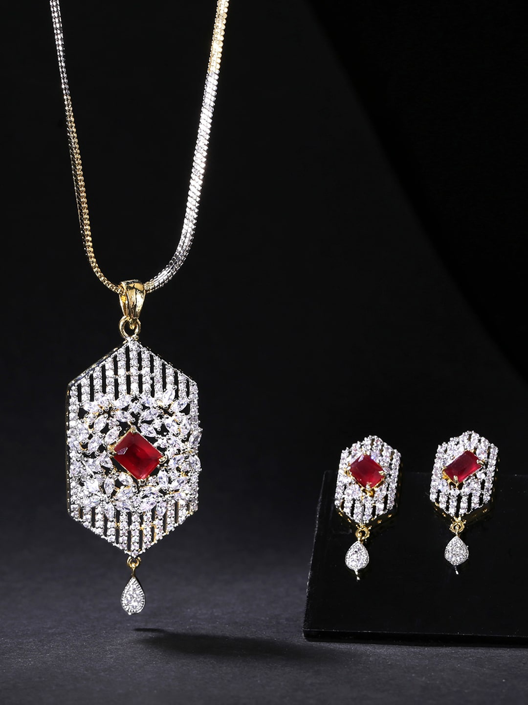 

Yellow Chimes Gold-Plated Silver-Toned & Red AD-Studded Handcrafted Jewellery Set