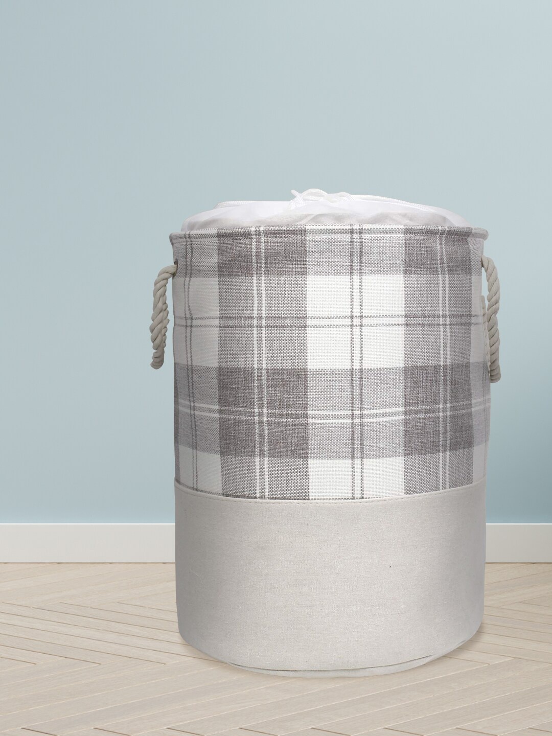 

HomeStorie Grey & White Self-Design Round Foldable Cloth Laundry Basket