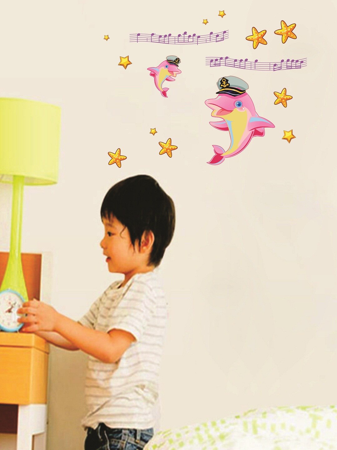 

WALLSTICK Pink & Yellow Dolphins and Stars Large Vinyl Wall Sticker