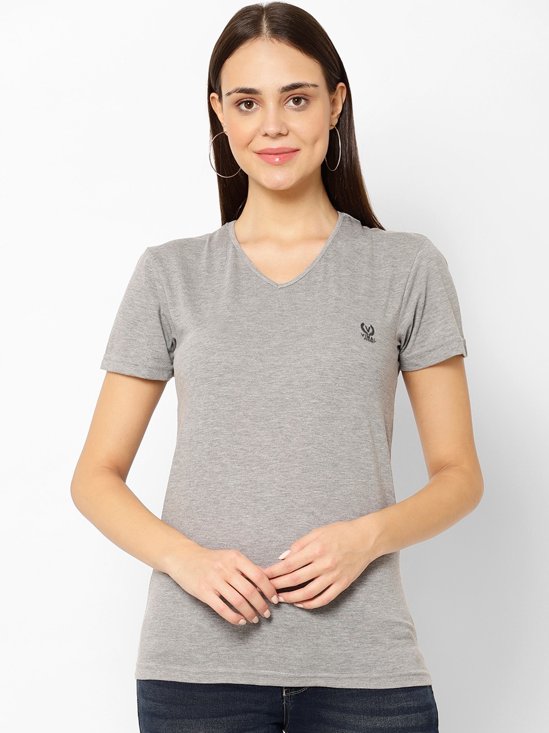 

MACK JONNEY Women Grey Melange Solid V-Neck T-shirt