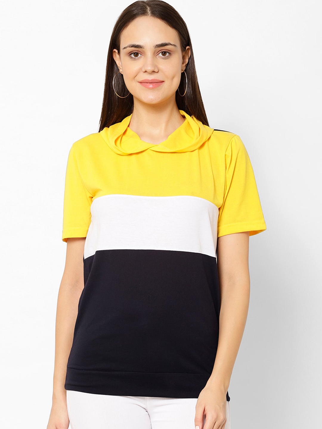 

VIMAL JONNEY Women Yellow Colourblocked Hooded T-shirt