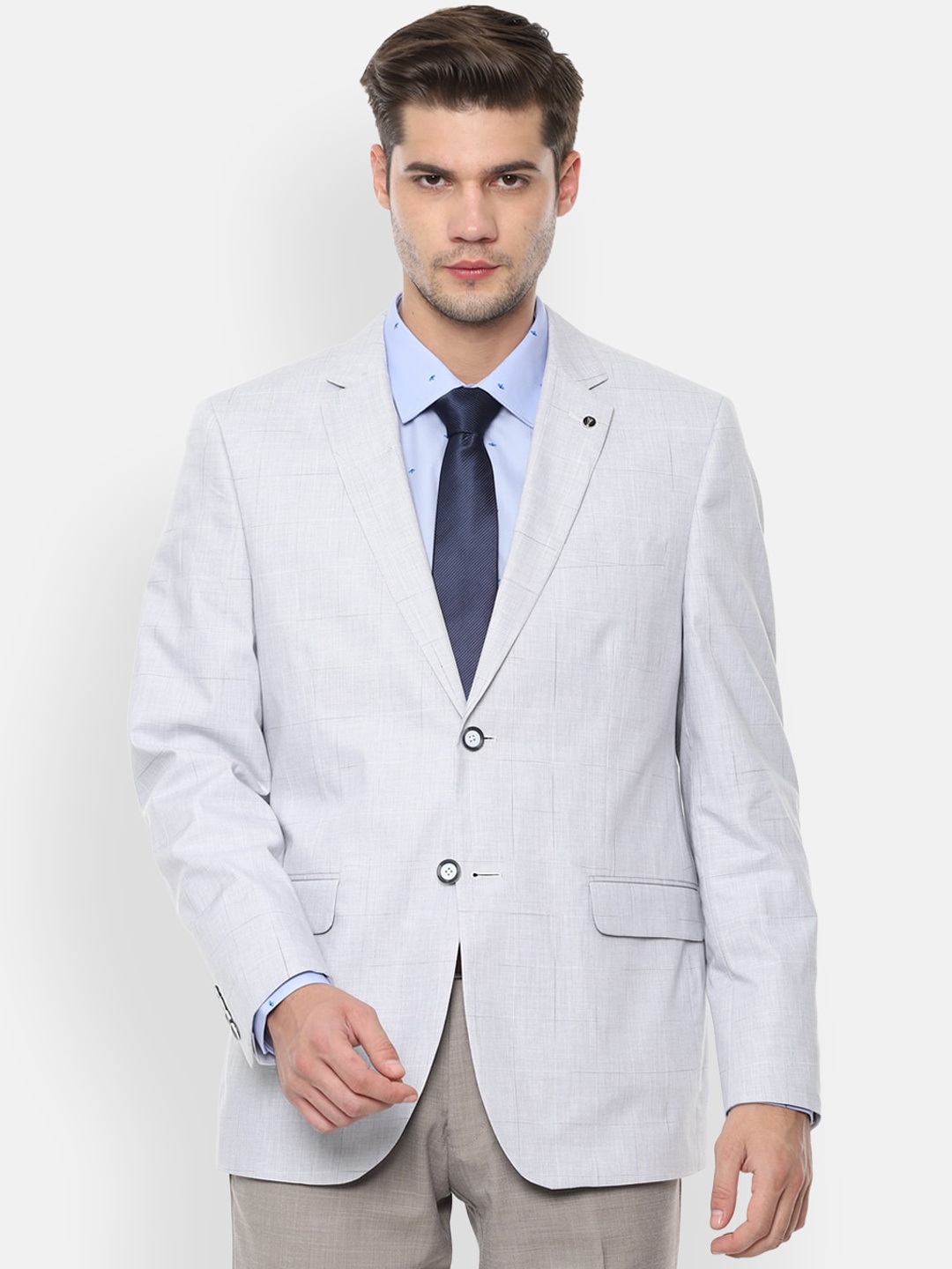 

Van Heusen Men Grey Checked Slim-Fit Single-Breasted Formal Pure Cotton Blazer