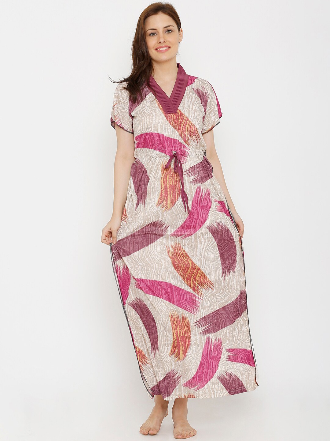 

Pretty Awesome Women Beige & Pink Printed Nightdress