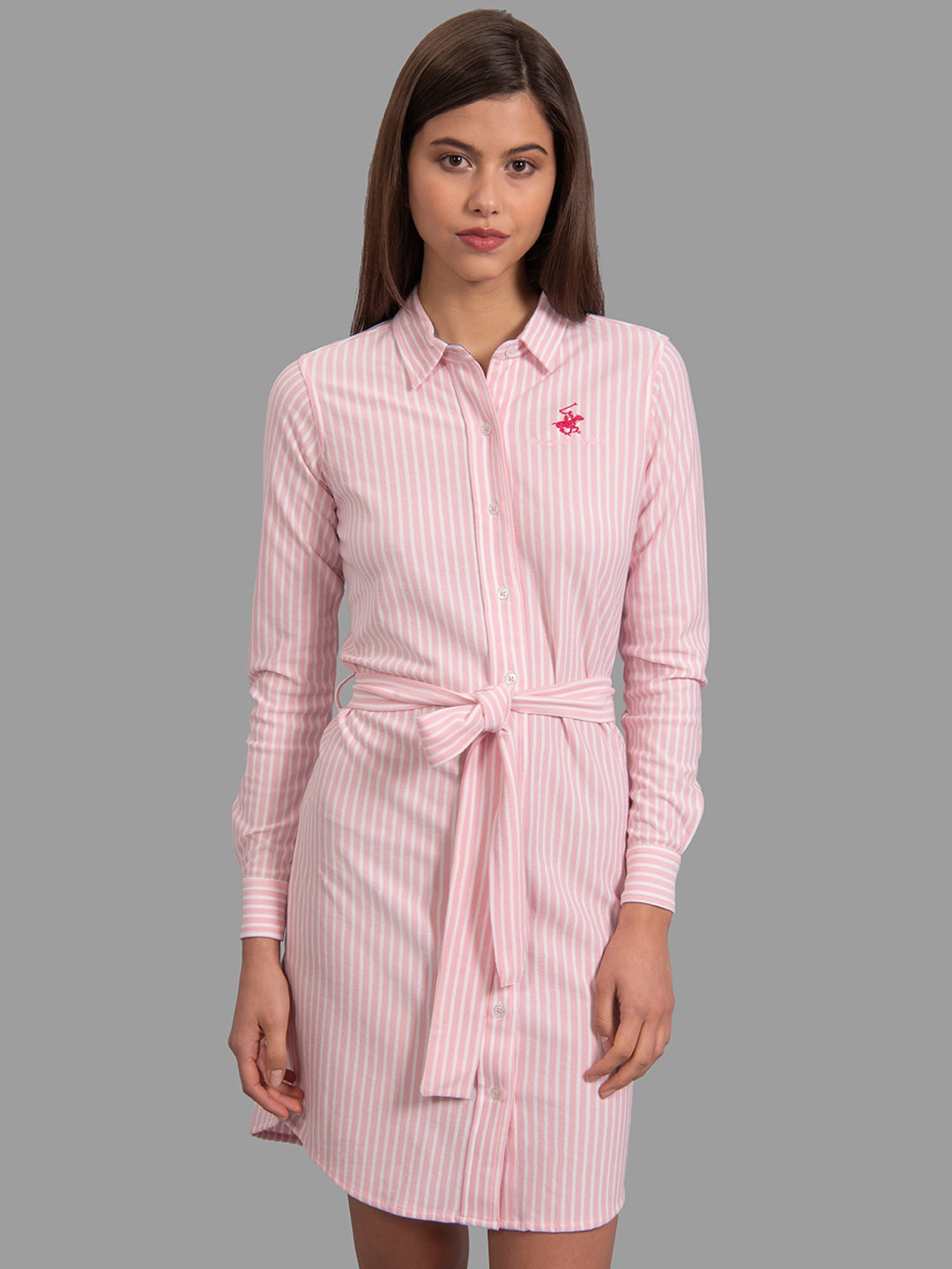 

Beverly Hills Polo Club Women Pink & White Striped Shirt Dress
