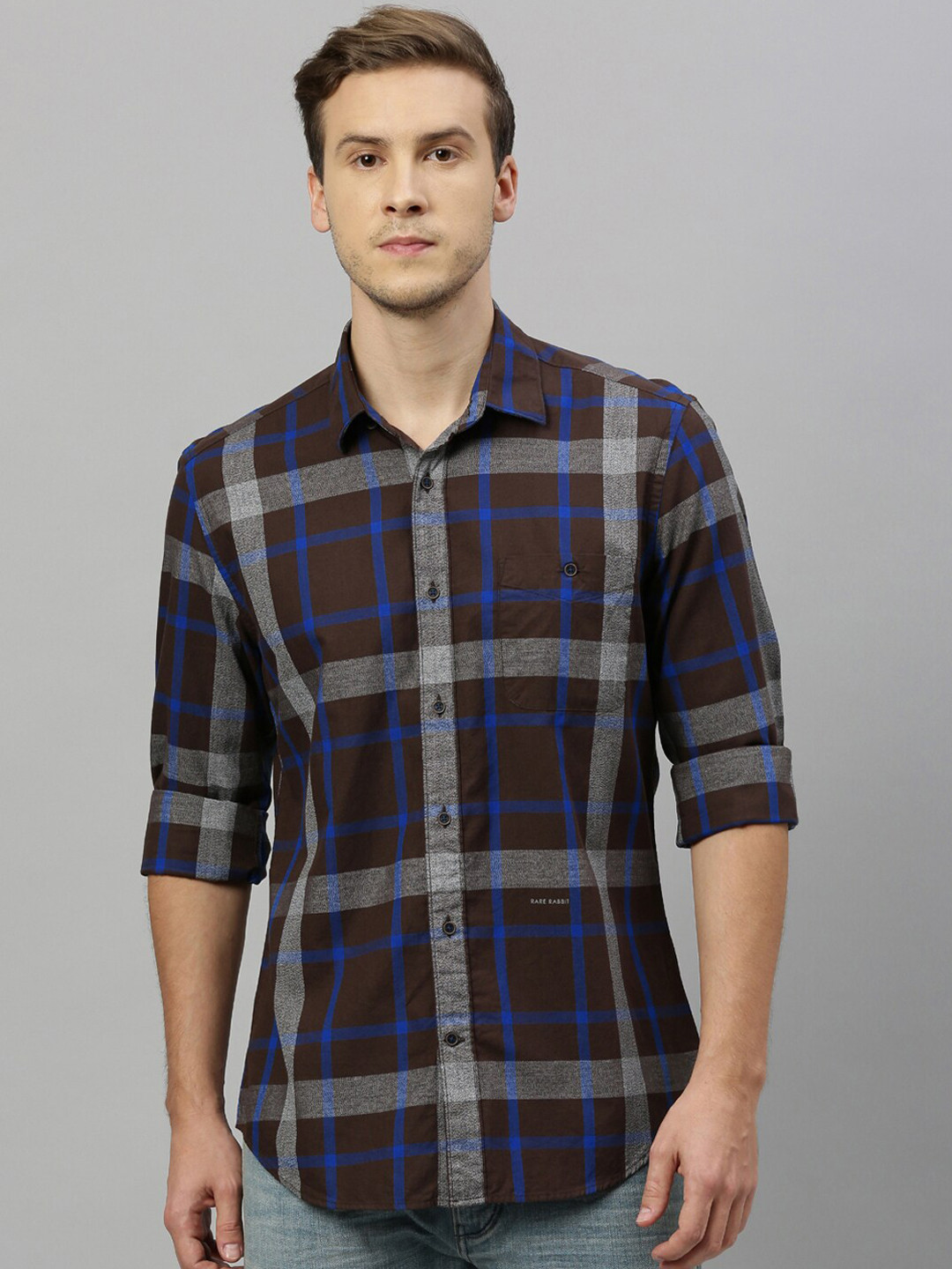 

RARE RABBIT Men Brown & Grey Tailored Fit Checked Casual Shirt