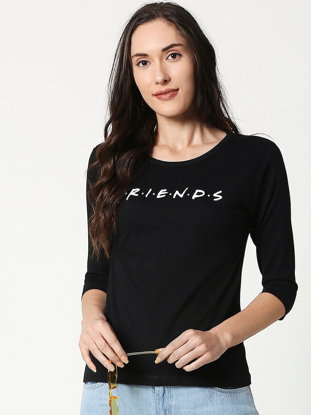 

Bewakoof Women Black Friends Printed Round Neck Slim Fit T-shirt