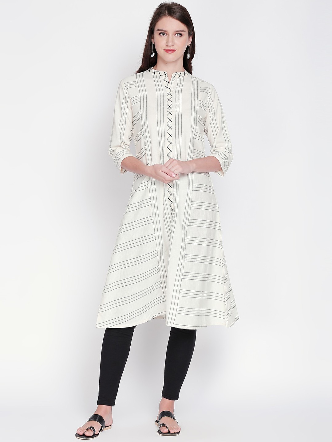 

RANGMANCH BY PANTALOONS Women Off-White Striped A-Line Kurta