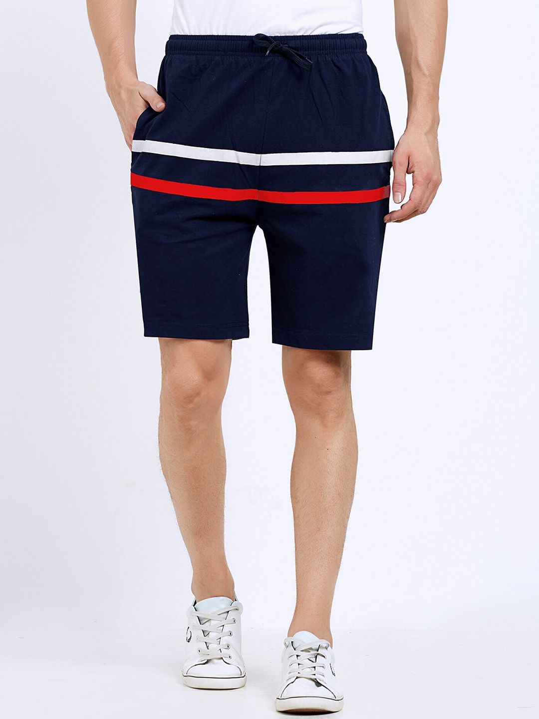 

Maniac Men Navy Blue & White Striped Slim Fit Regular Shorts