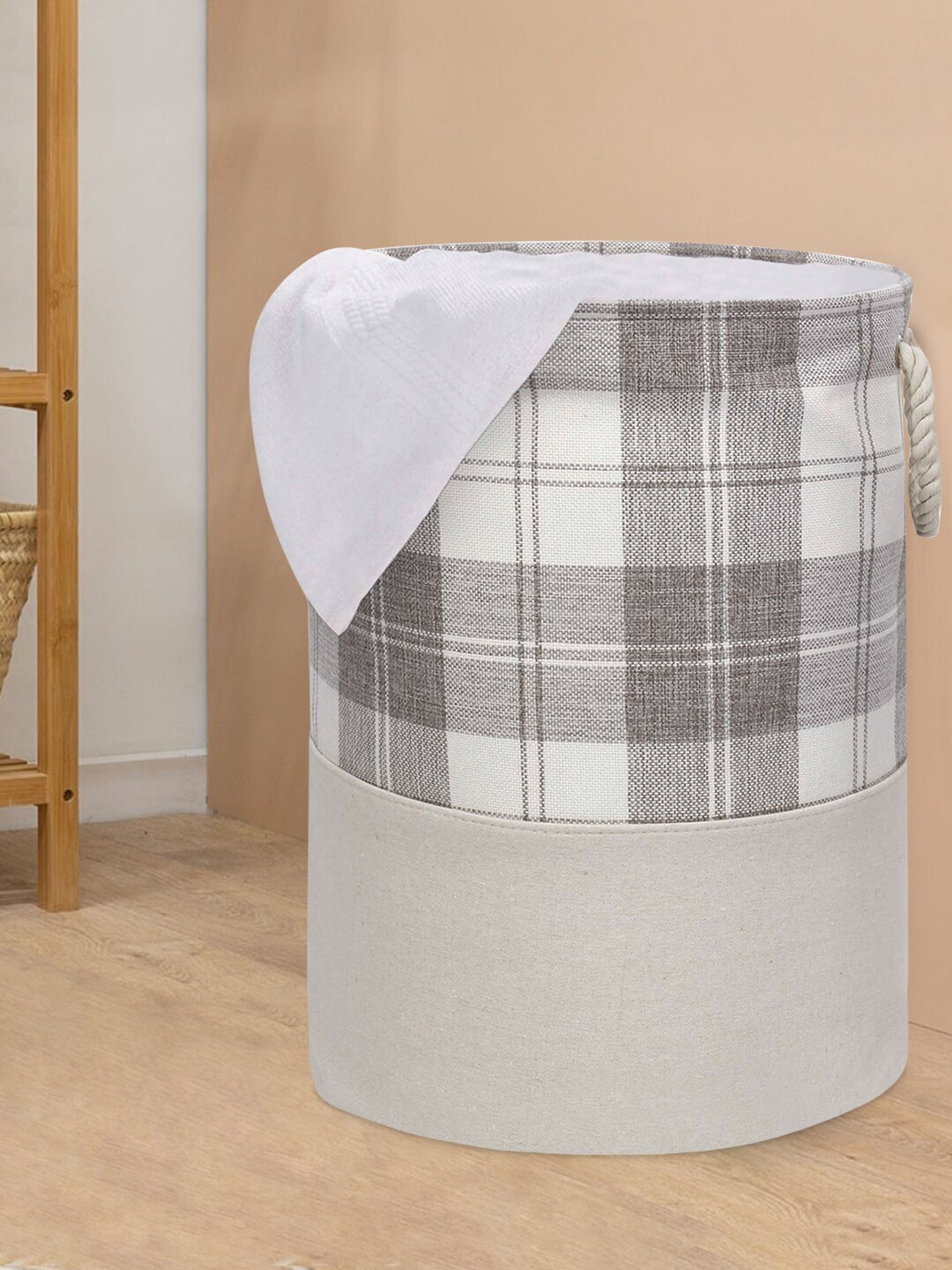 

HomeStorie Grey & White Self-Design Round Foldable Cloth Laundry Basket