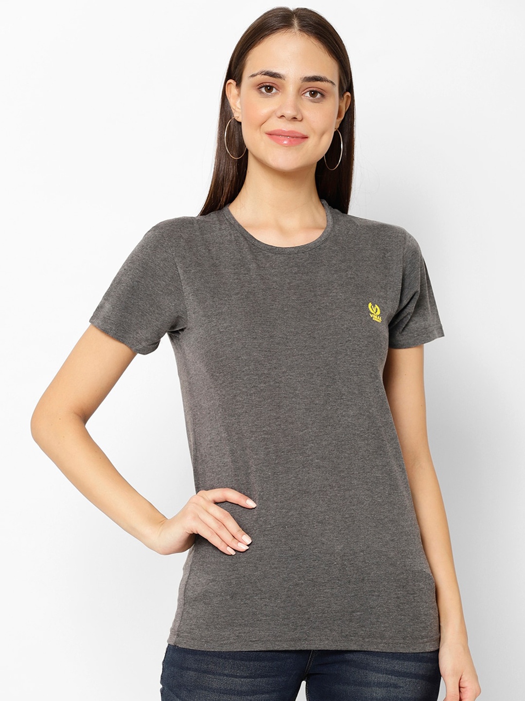 MACK JONNEY Women Grey Solid Round Neck T-shirt