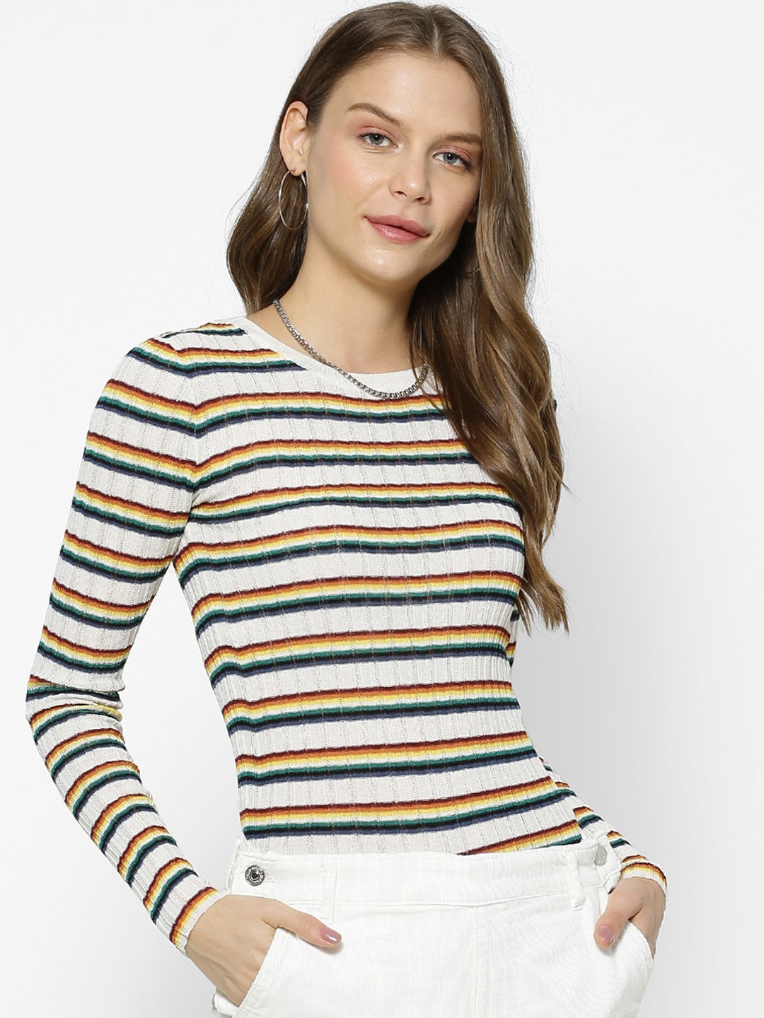 

FOREVER 21 Women White & Green Striped Pullover Sweater