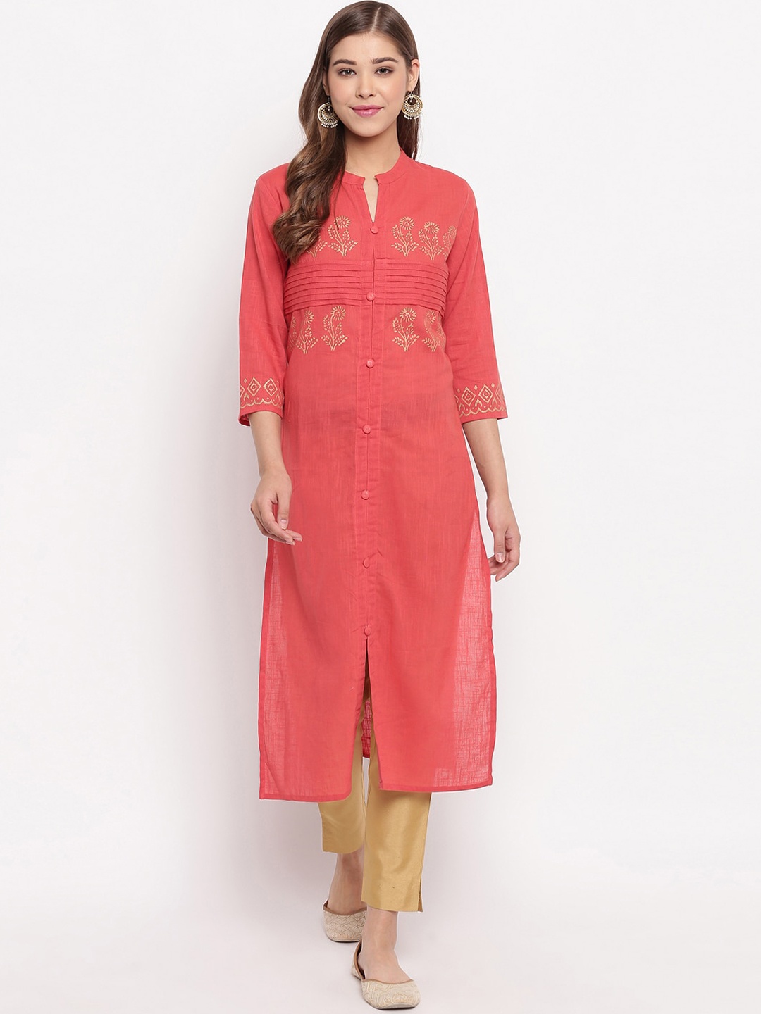 

Vbuyz Women Pink & Gold-Toned Printed A-Line Kurta