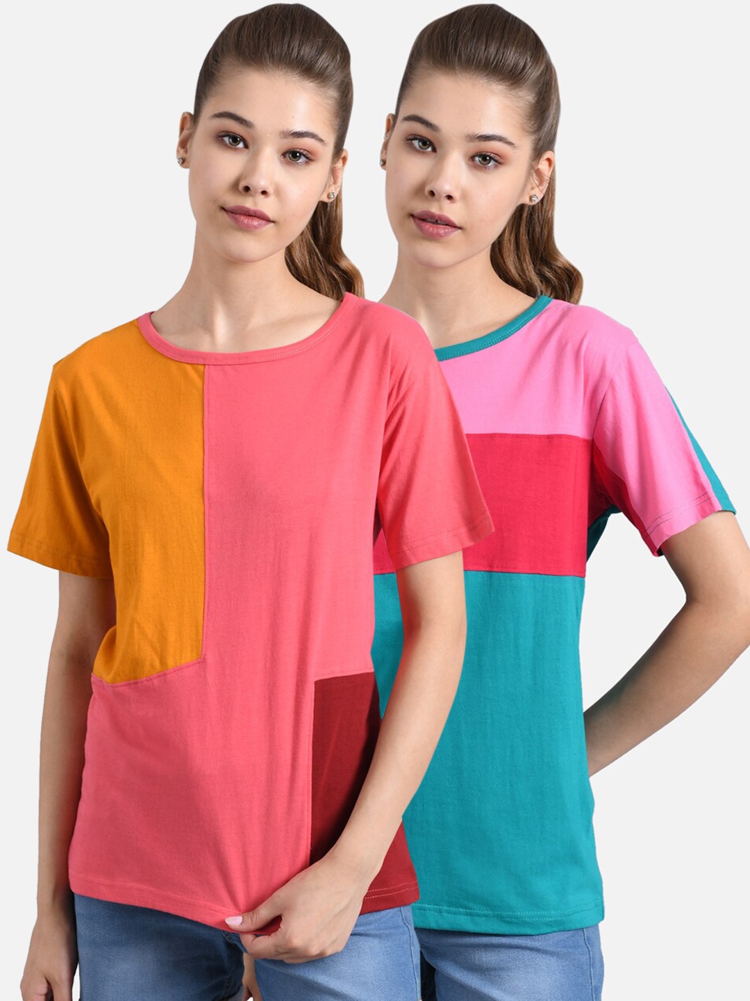 

Kotty Women Multicoloured Pack of 2 Colourblocked Round Neck T-shirt, Multi