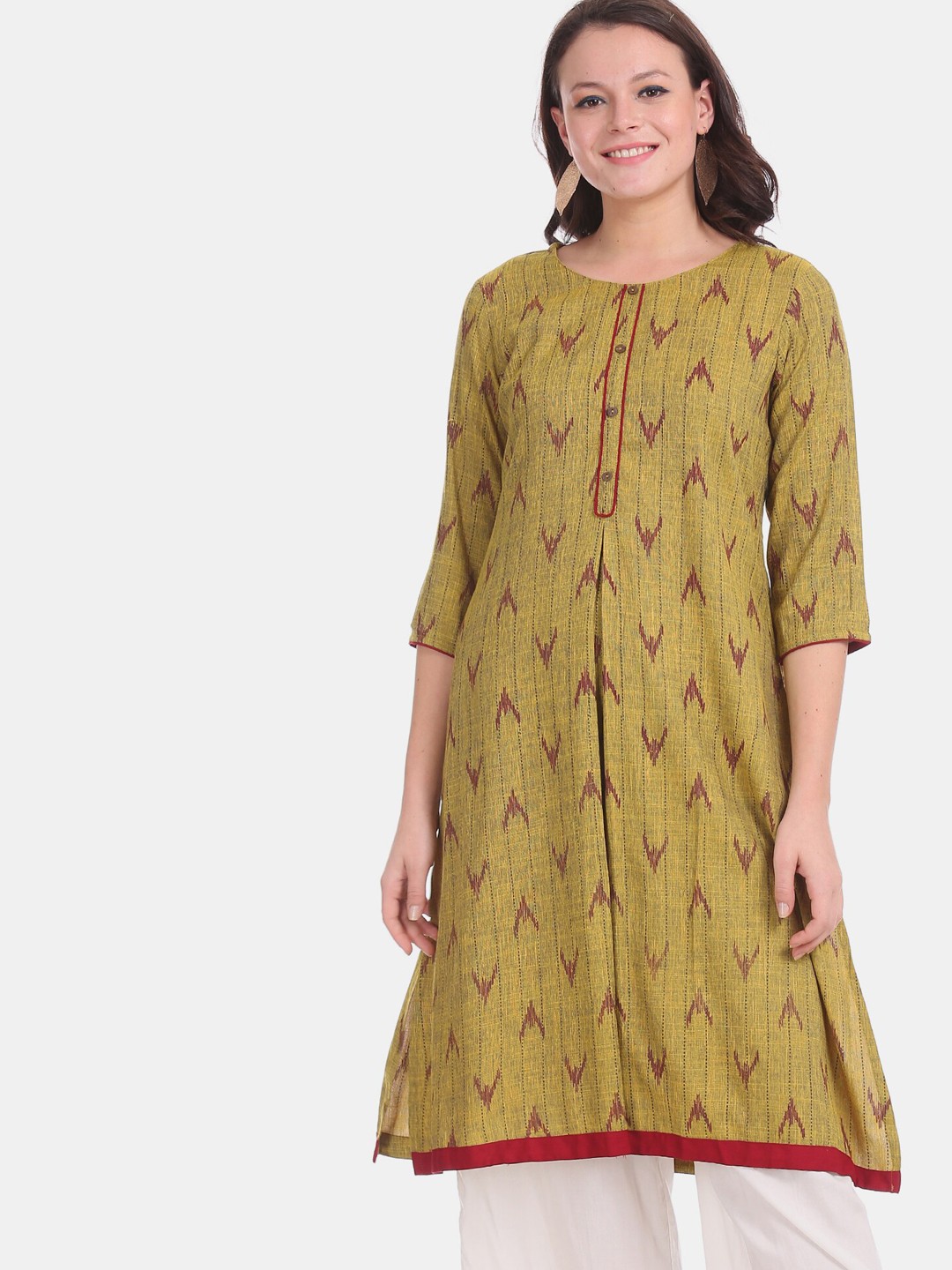 

Bronz Women Yellow Printed A-Line Kurta