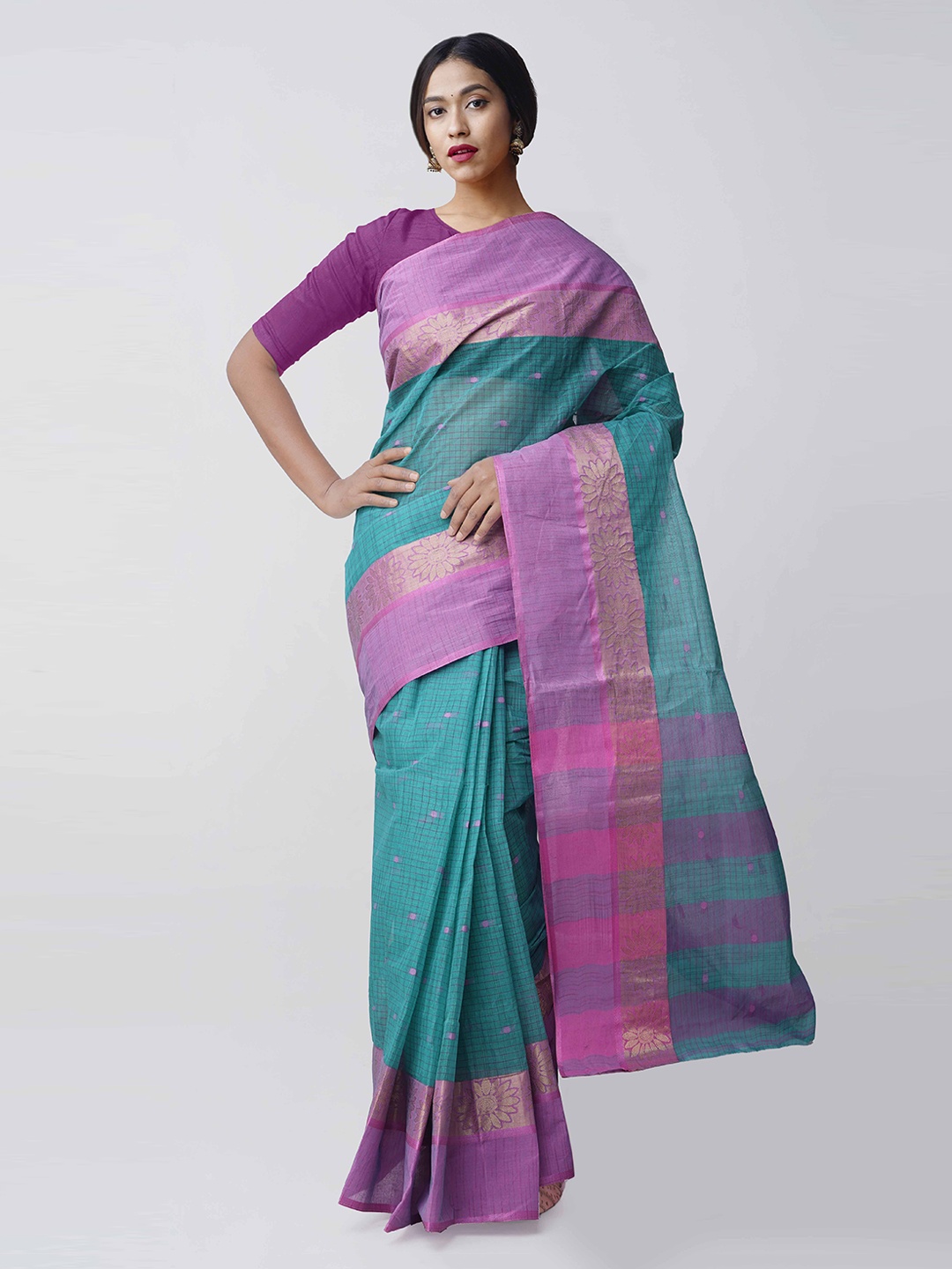 Unnati Silks Blue & Pink Pure Cotton Woven Design Handloom Taant Saree