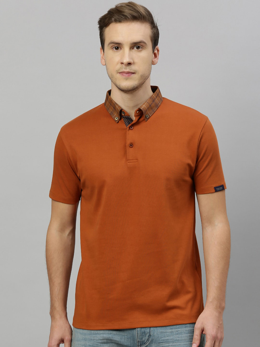 

RARE RABBIT Men Rust Orange Solid Polo Collar T-shirt