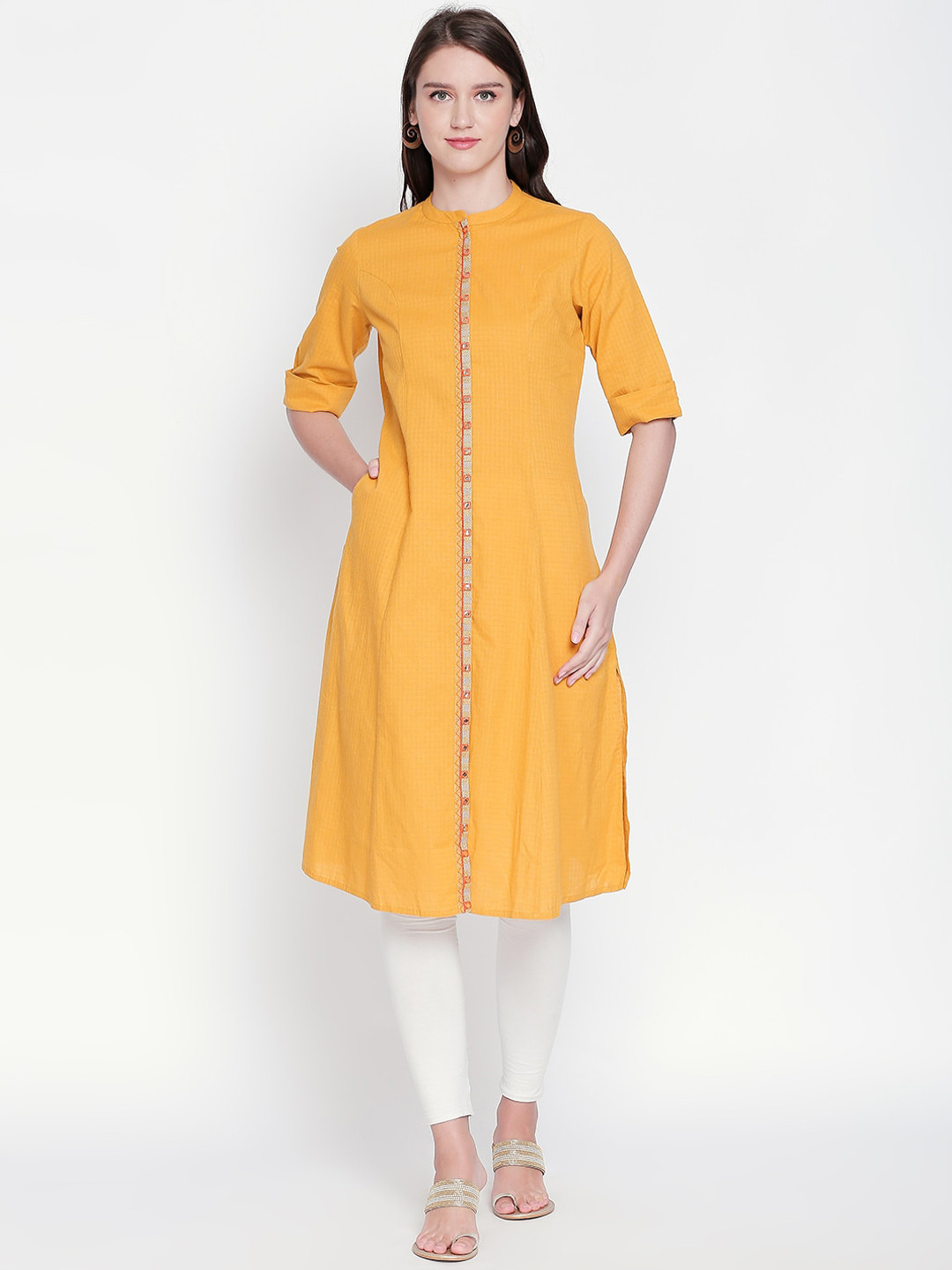 

RANGMANCH BY PANTALOONS Women Mustard Yellow Woven Design A-Line Kurta