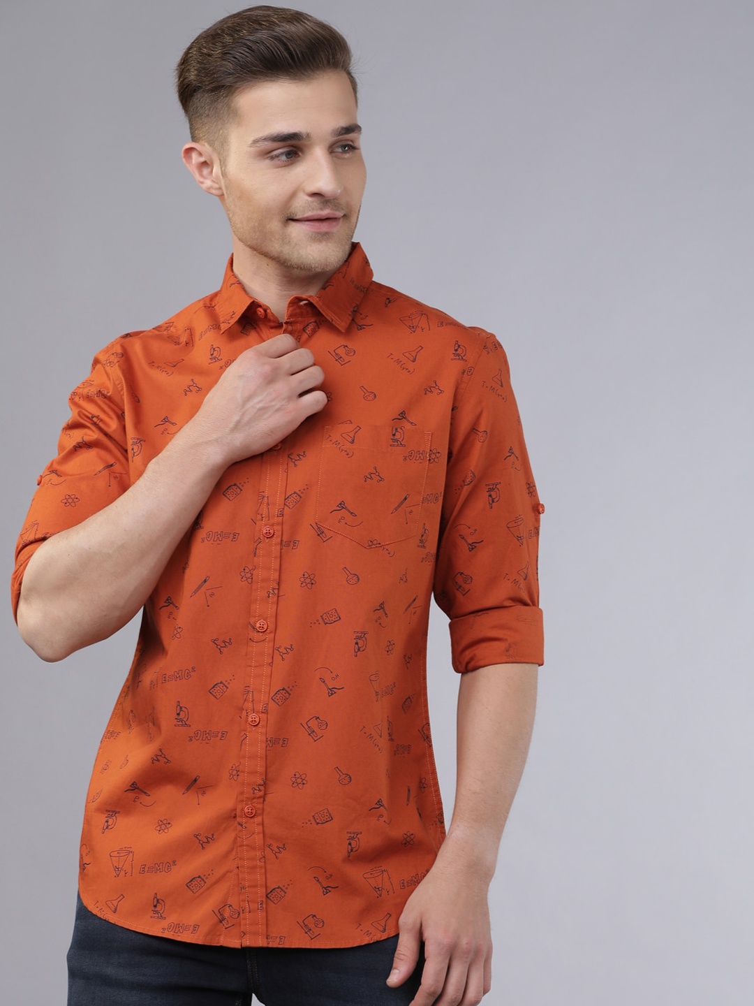 

LOCOMOTIVE Men Rust Brown & Navy Blue Slim Fit Printed Casual Shirt