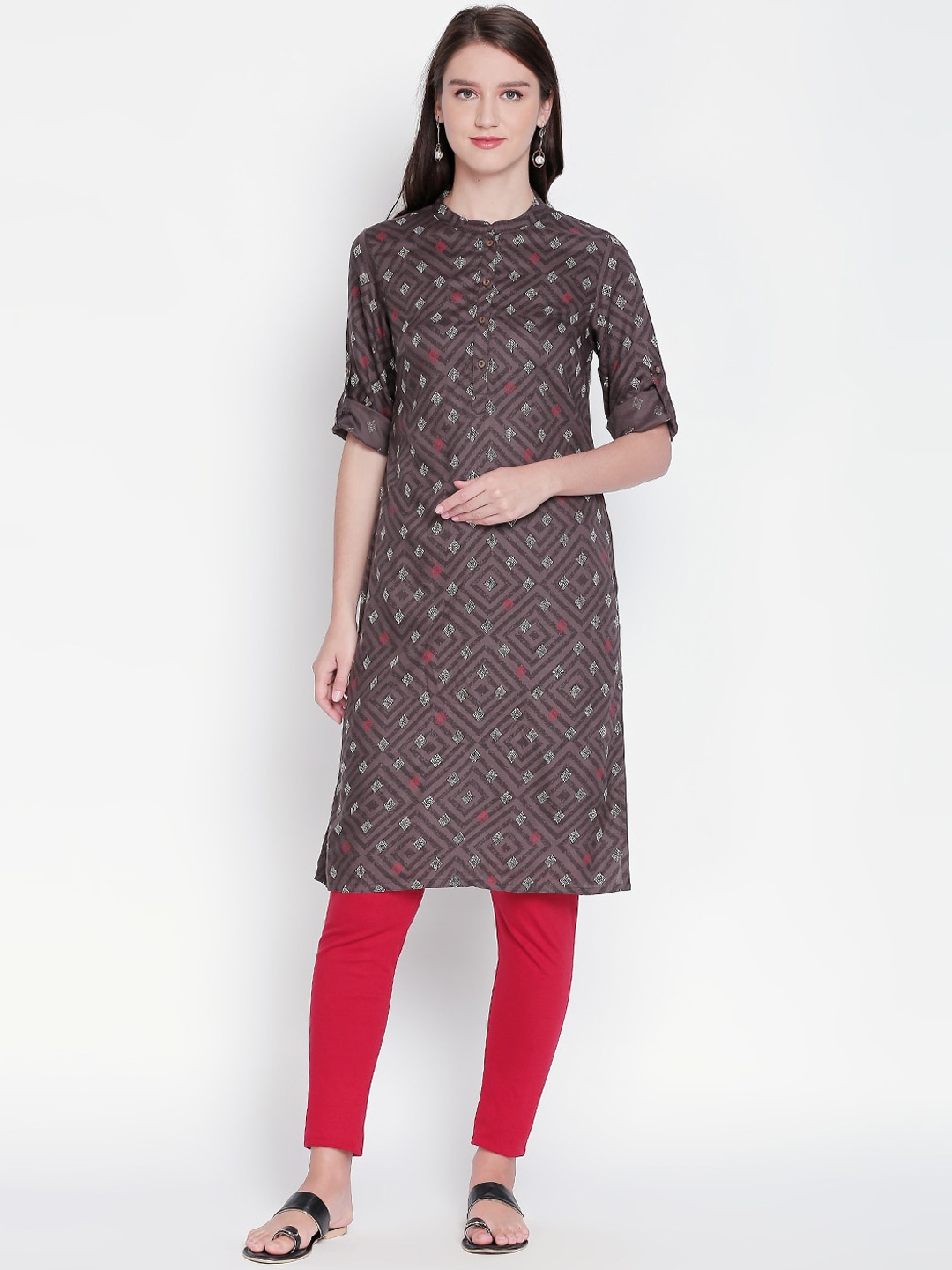 

RANGMANCH BY PANTALOONS Women Brown & White Printed Straight Kurta