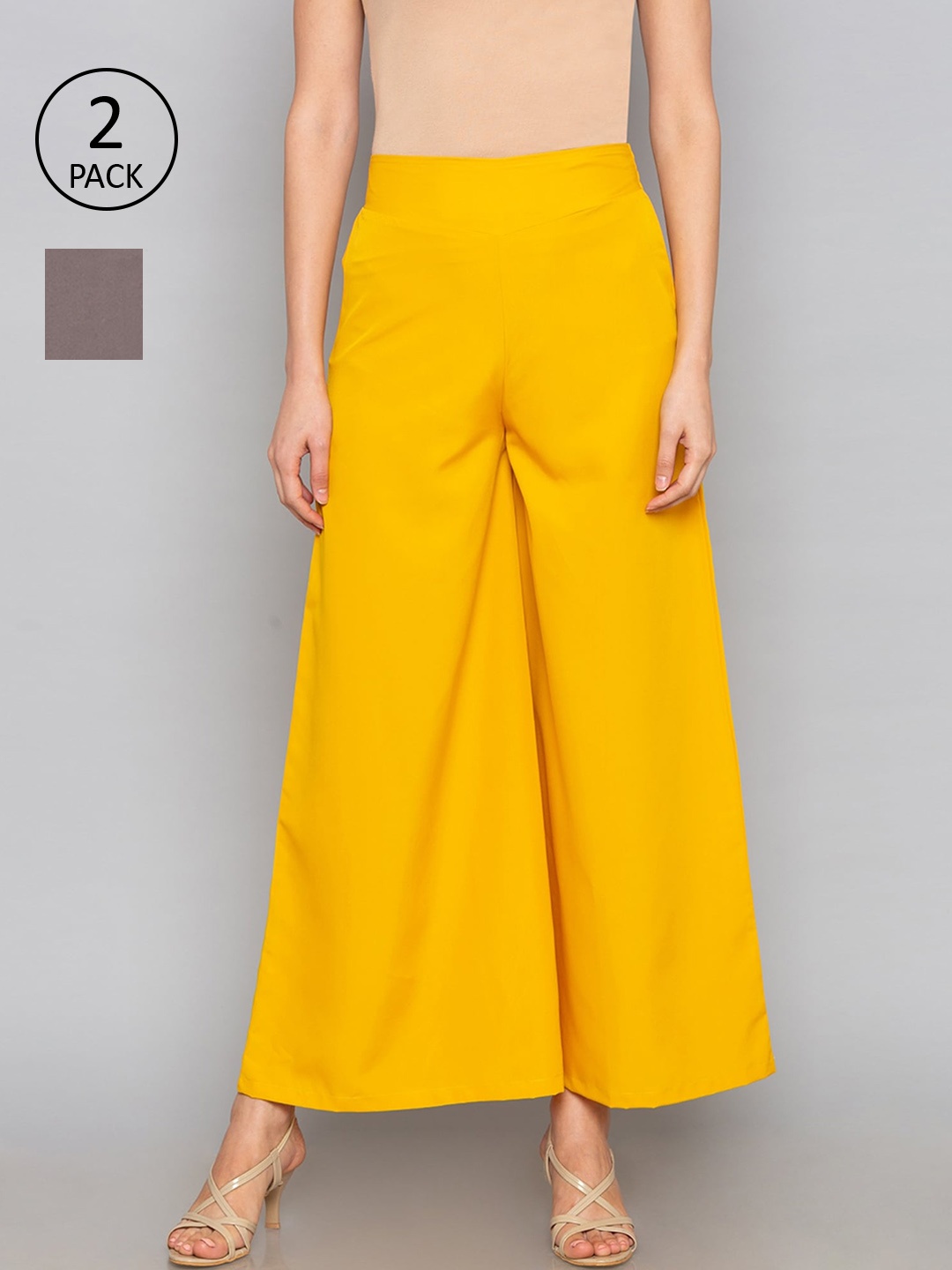 

Desi Weavess Women Pack of 2 Yellow & Grey Solid Flared Palazzos