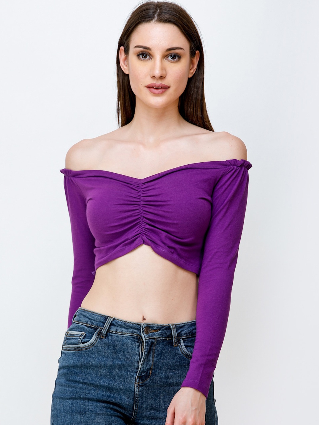 

SCORPIUS Women Purple Solid Bardot Crop Top