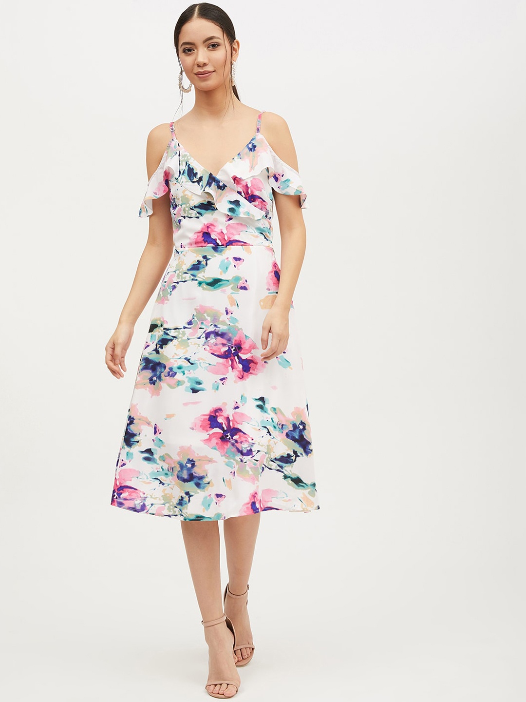 

Harpa Women White Printed Fit and Flare Dress