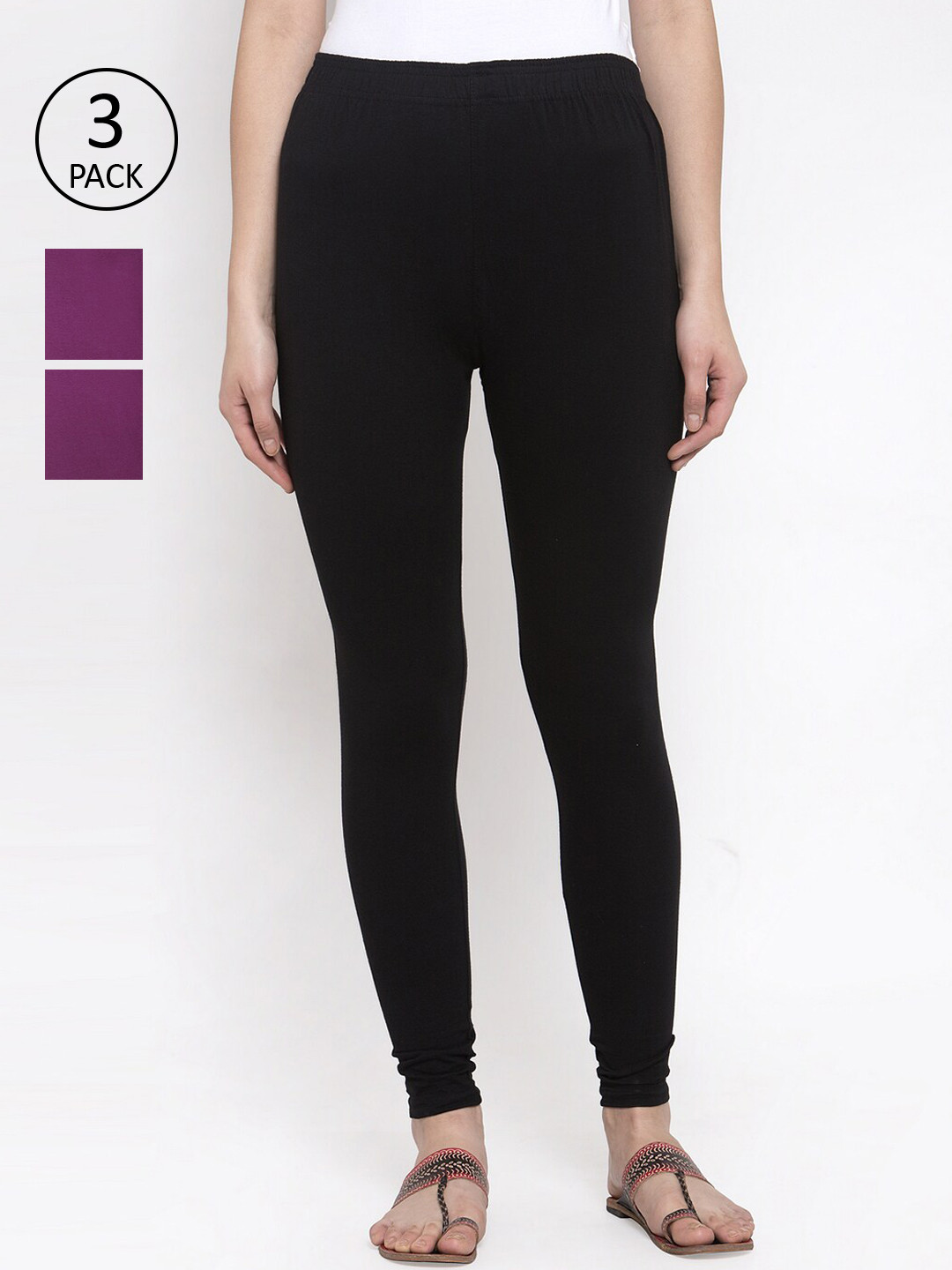 

TAG 7 Women Pack Of 3 Solid Churidar-Length Leggings, Black