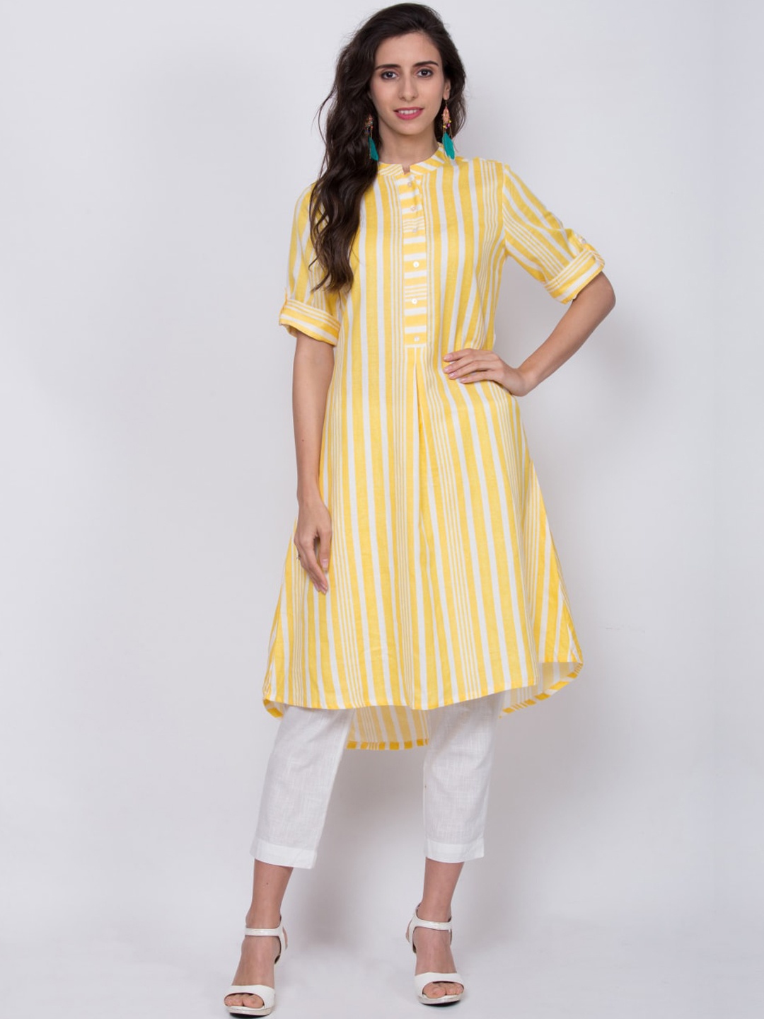 

Biba Women Yellow Striped A-Line Kurta