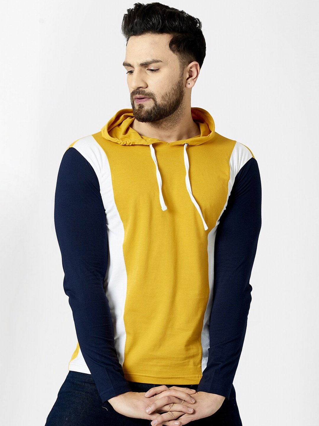 

Rodzen Men Mustard Yellow & White Colourblocked Hood T-shirt