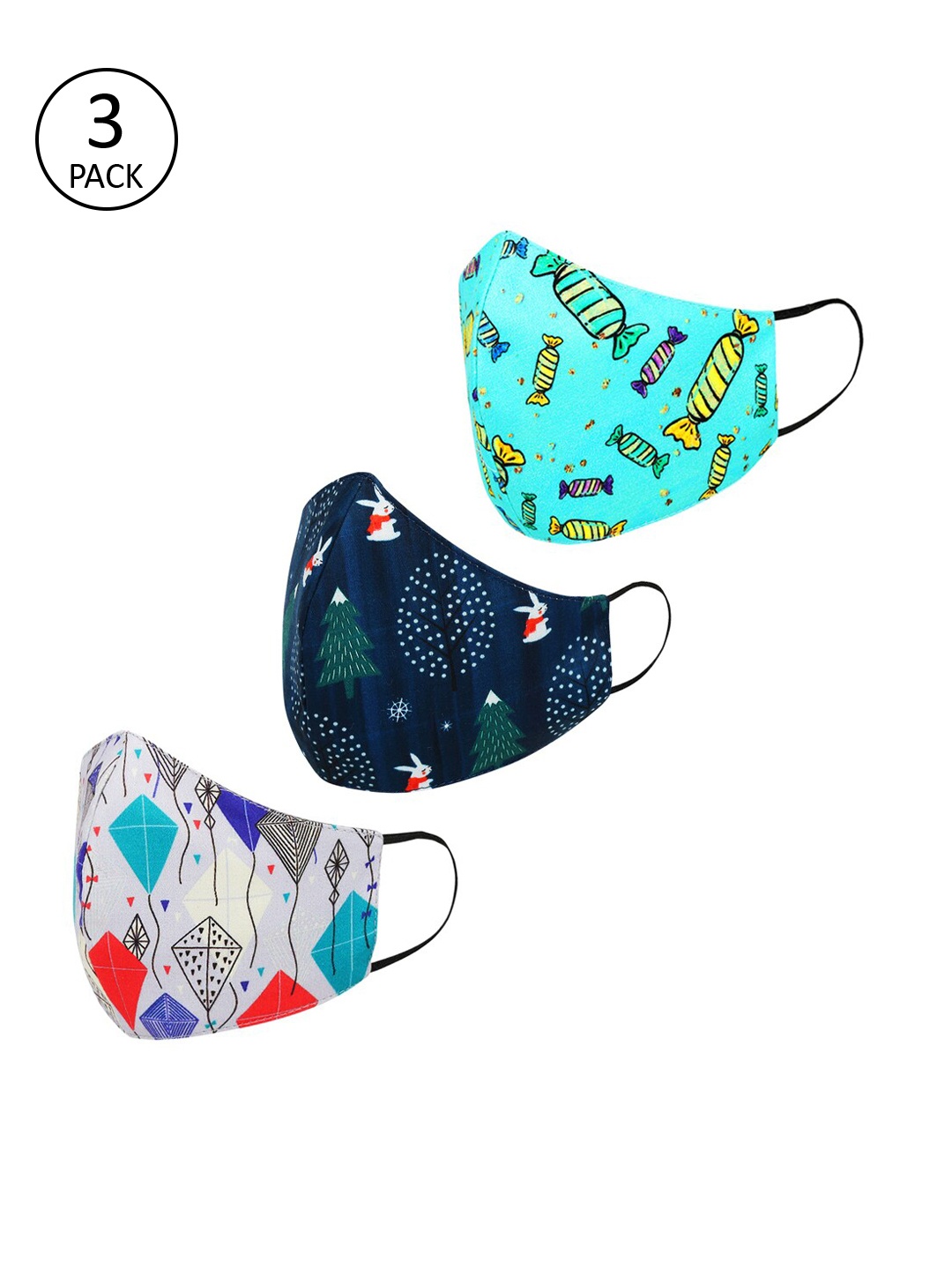 

Tossido Kids Pack Of 3 Printed 3-Ply Reusable Cloth Masks, Blue