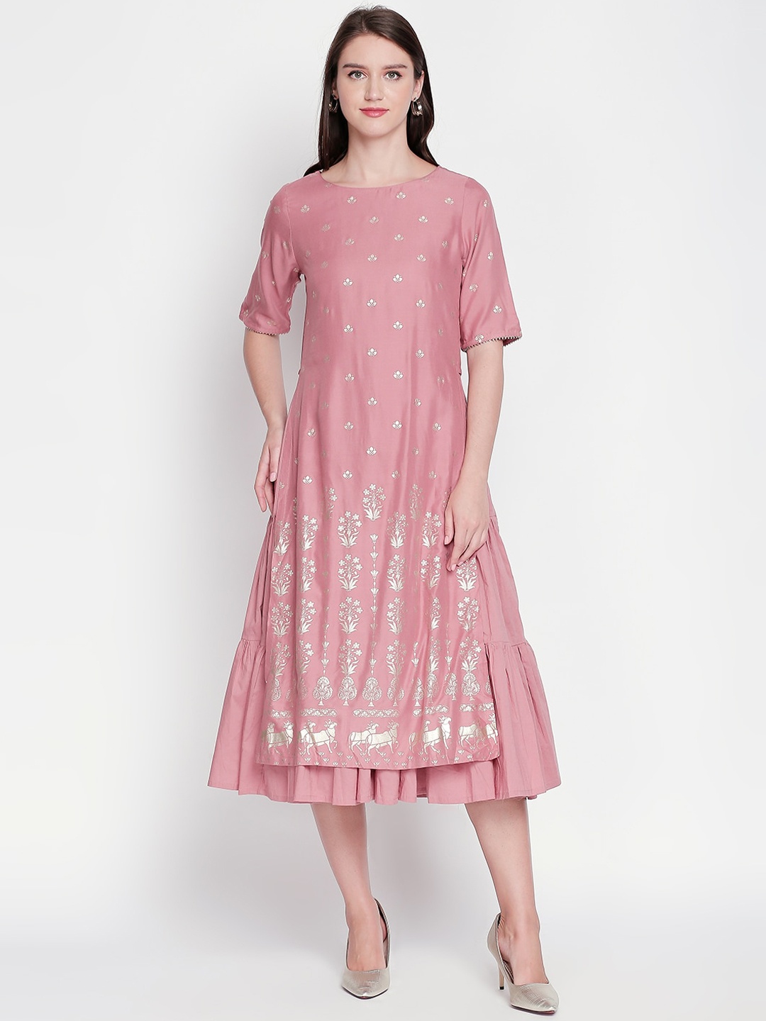 

RANGMANCH BY PANTALOONS Women Pink Printed Fit and Flare Dress