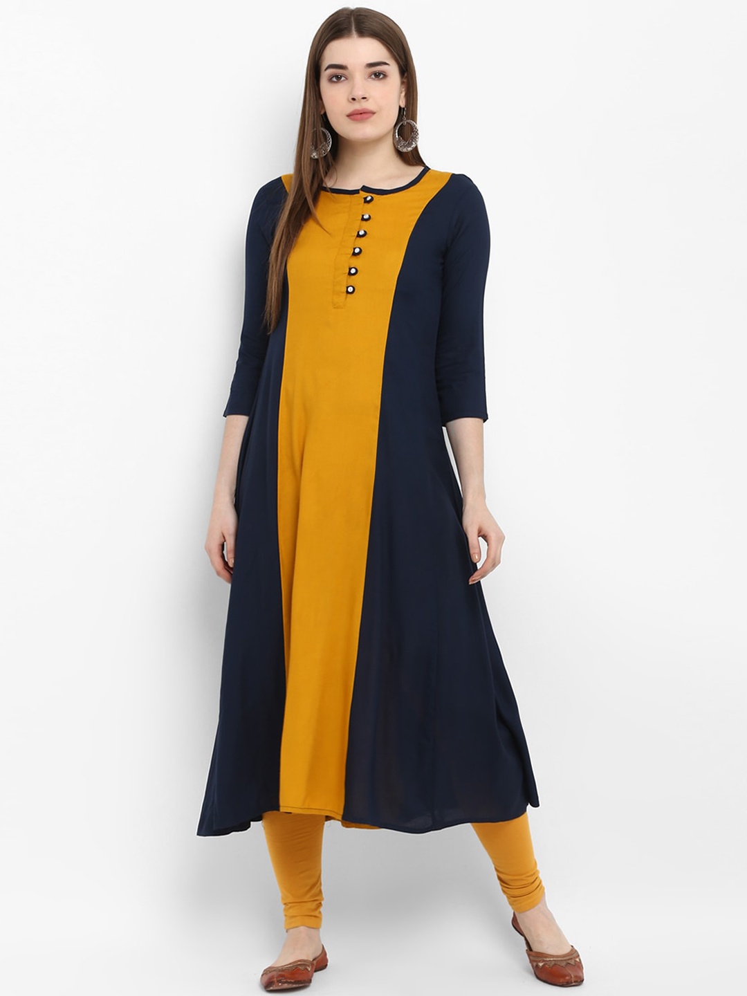 

Aprique FAB Women Mustard Yellow & Navy Blue Colourblocked A-Line Kurta