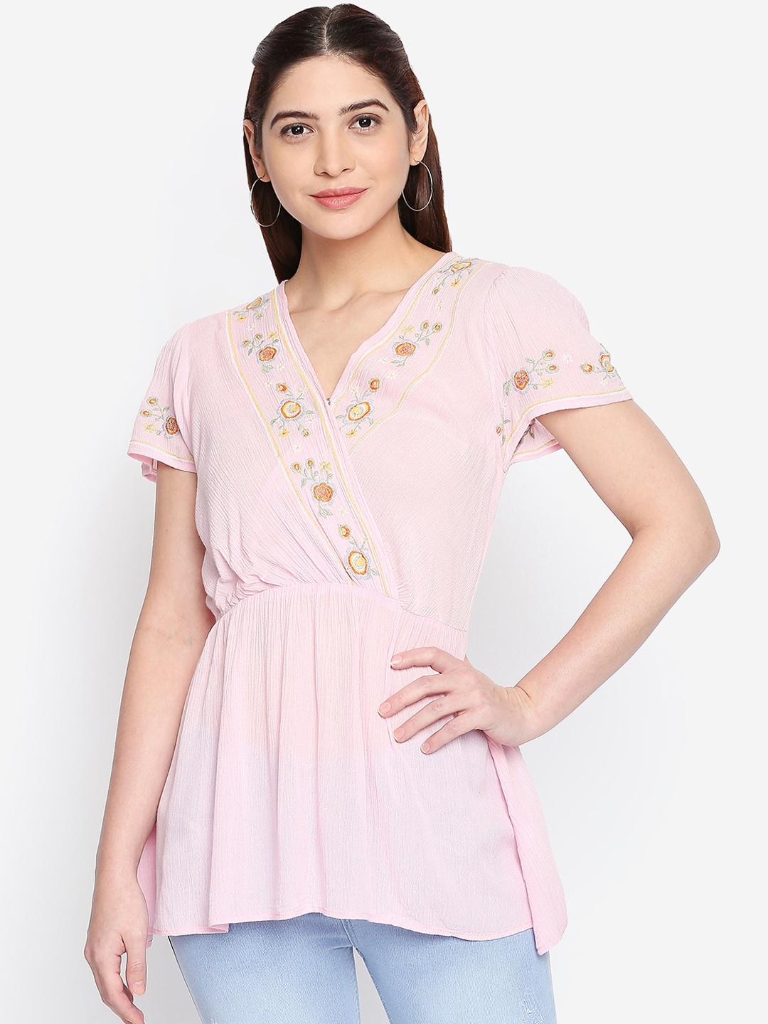 

Oxolloxo Women Pink Embroidered Chicadella Cinched Waist Top