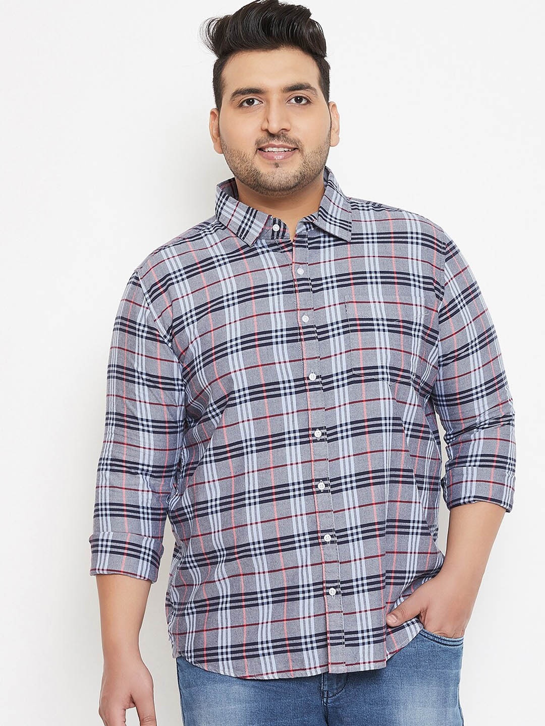 

Instafab Plus Size Men Grey & Navy Blue Regular Fit Checked Casual Shirt