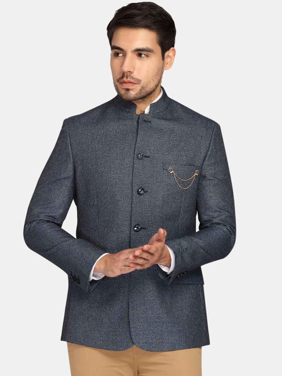 

Theme Men Blue Self-Design Slim-Fit Bandhgala Casual Blazer