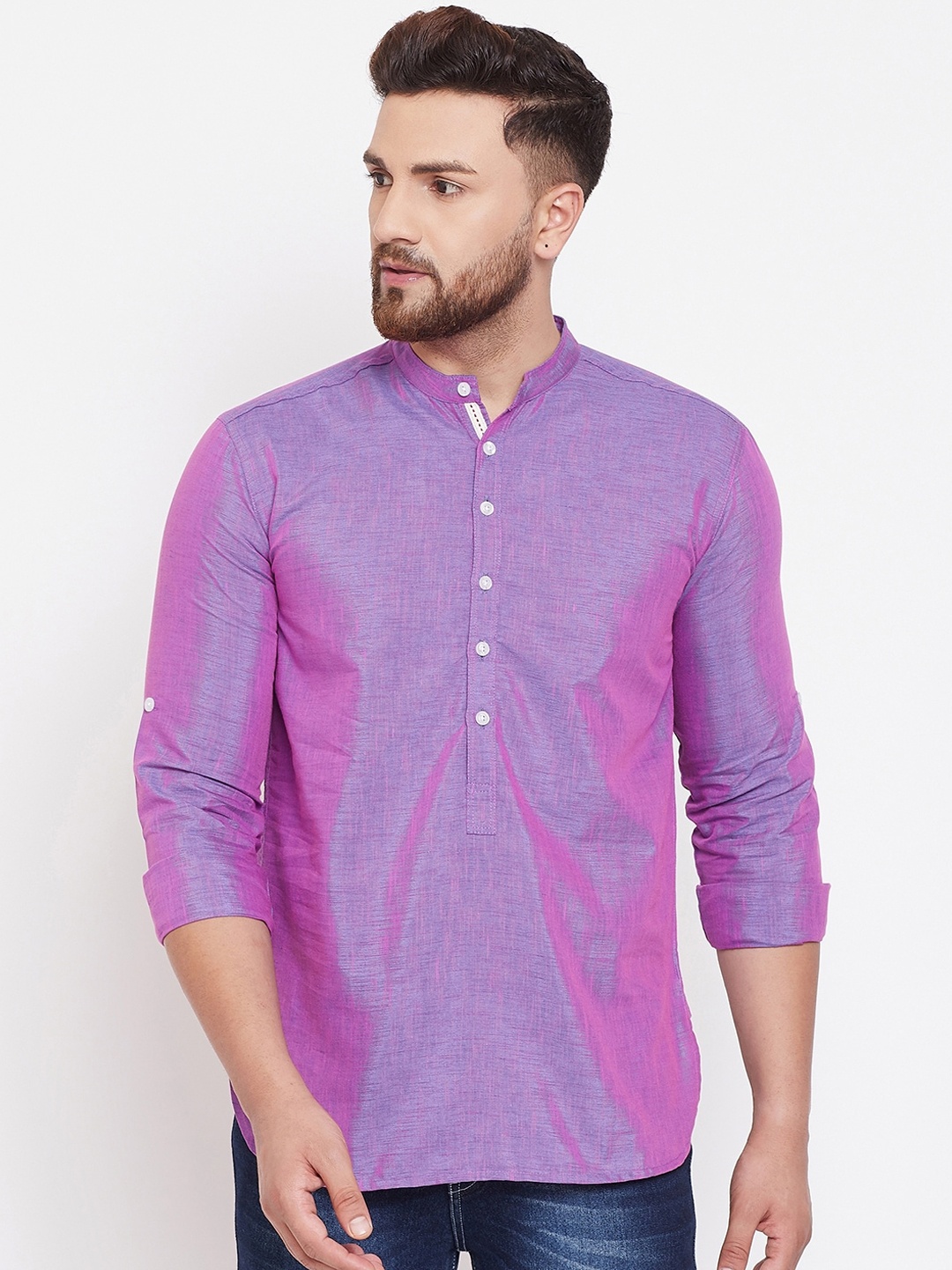

even Men Purple Solid Straight Linen Kurta