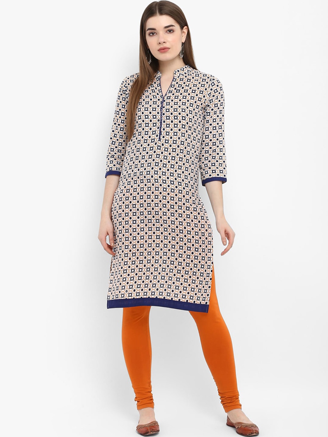 

Aprique FAB Women White & Navy Blue Printed Straight Kurta