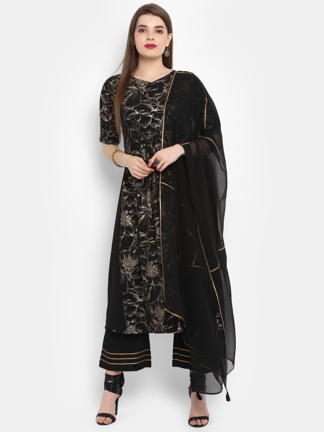 

Women Black & Gold-Toned Printed Kurta with Palazzo & Dupatta