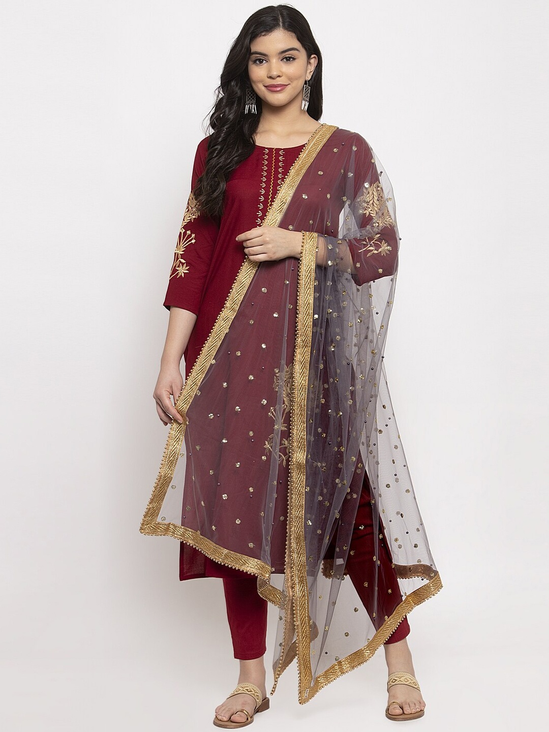 

Clora Creation Grey & Gold-Toned Embellished Gotta Patti Net Dupatta
