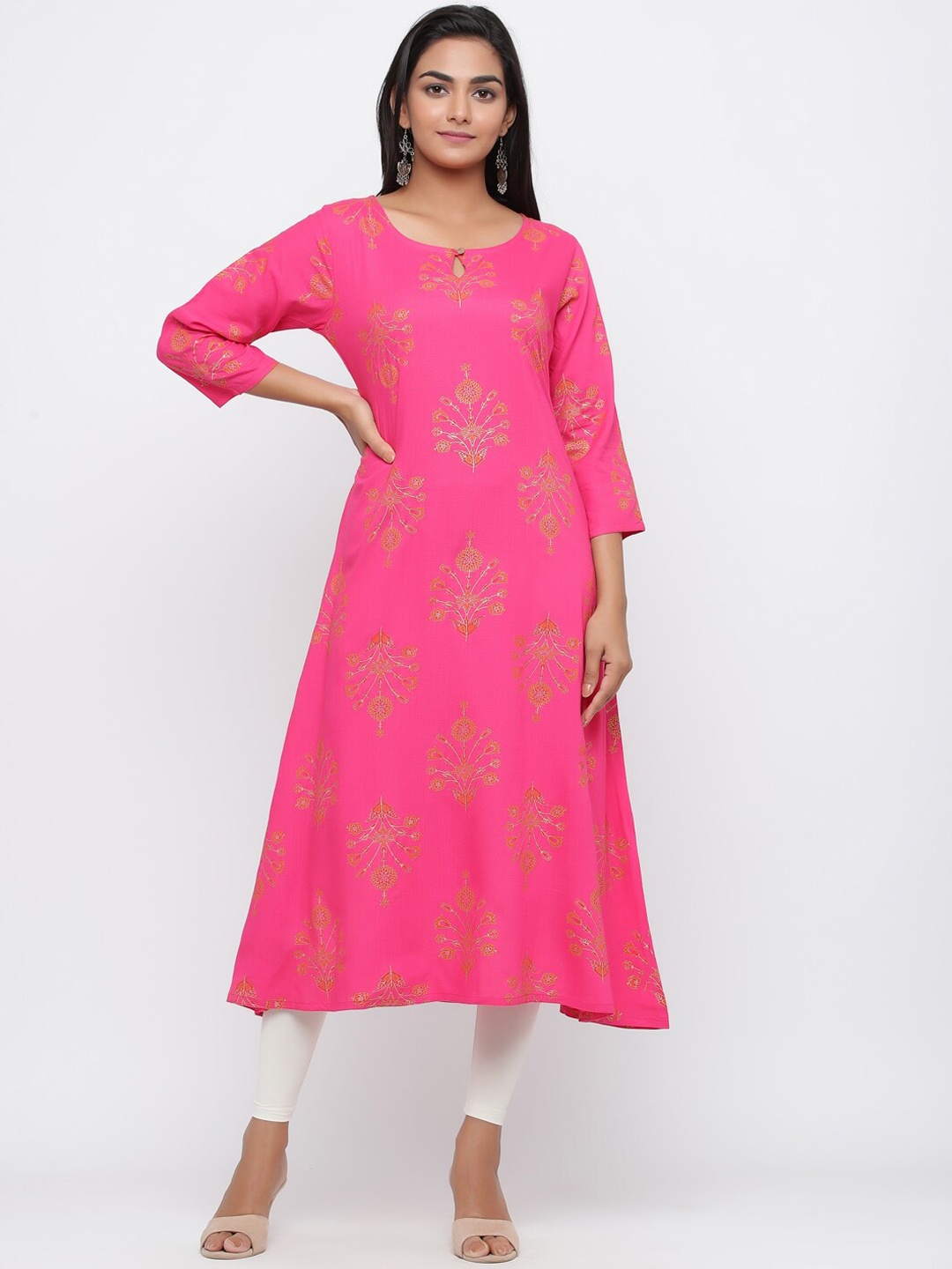 

Silai Bunai Women Pink Printed A-Line Kurta