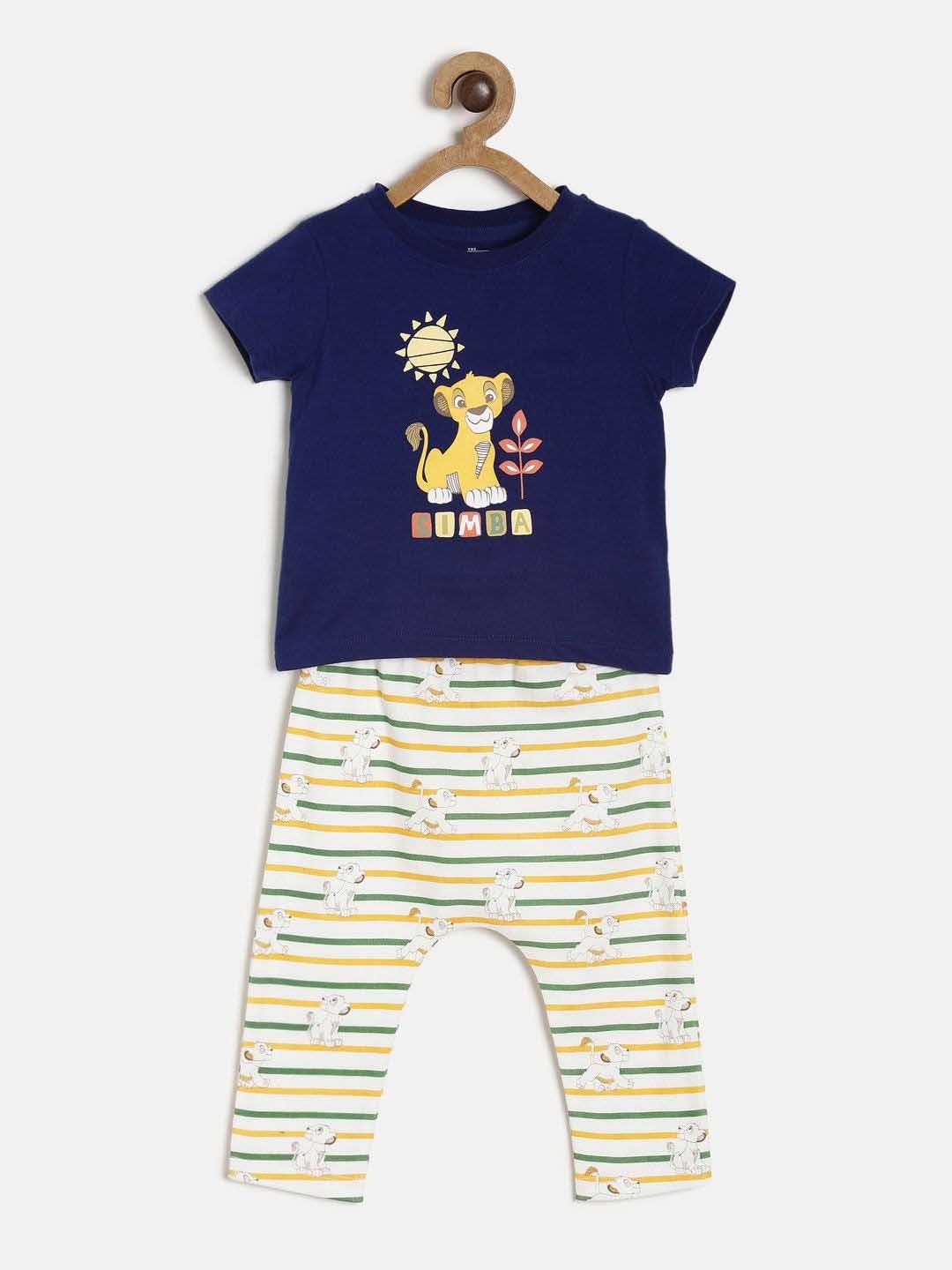 

MINI KLUB Unisex Kids Navy Blue & Off-White Printed T-shirt with Pyjamas