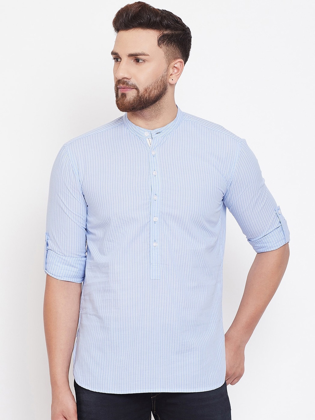 even Men Blue Striped Straight Kurta