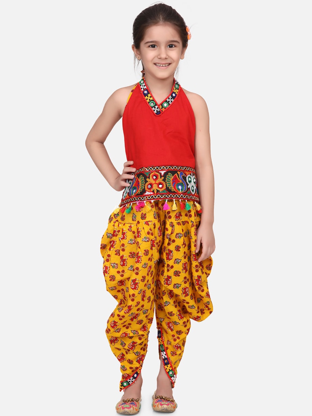 

BownBee Girls Red & Yellow Embroidered Top with Dhoti Pants