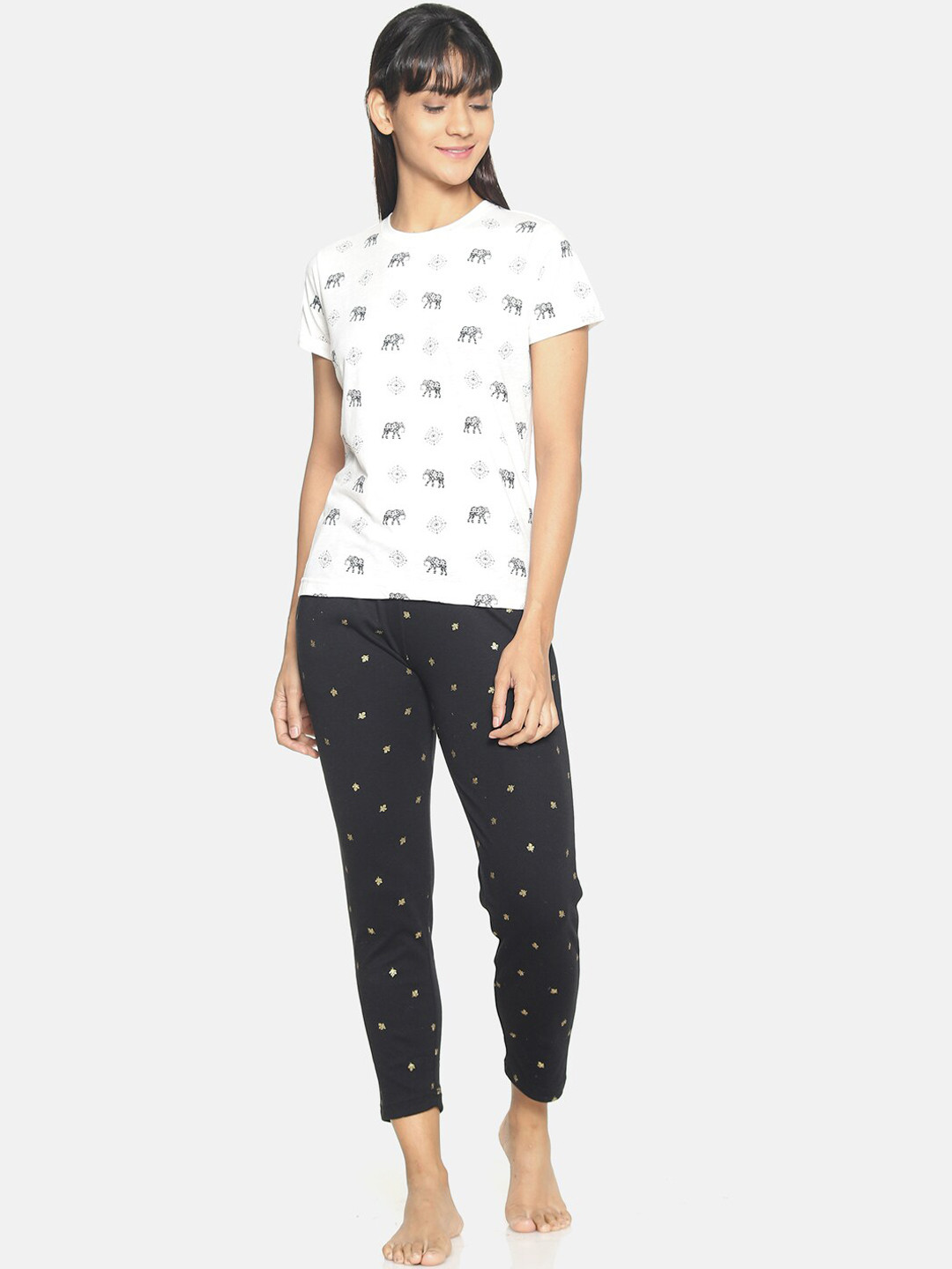 

Kryptic Women White & Black Floral Print Night suit, Off white