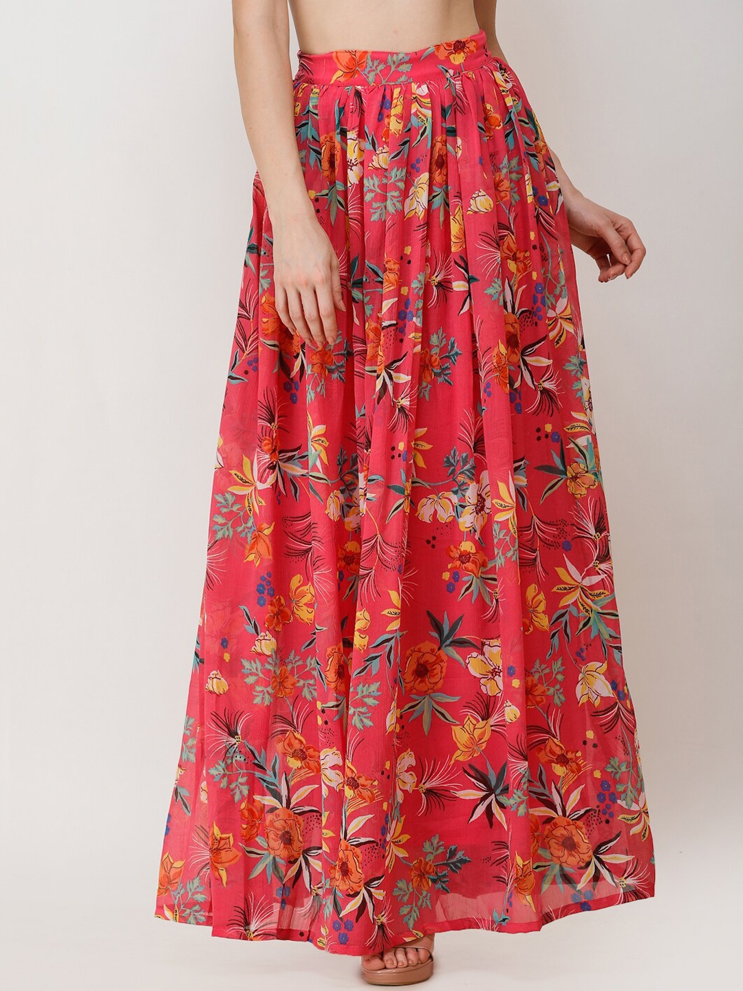 

SCORPIUS Women Pink & Yellow Floral Printed Flared Maxi Chiffon Skirt