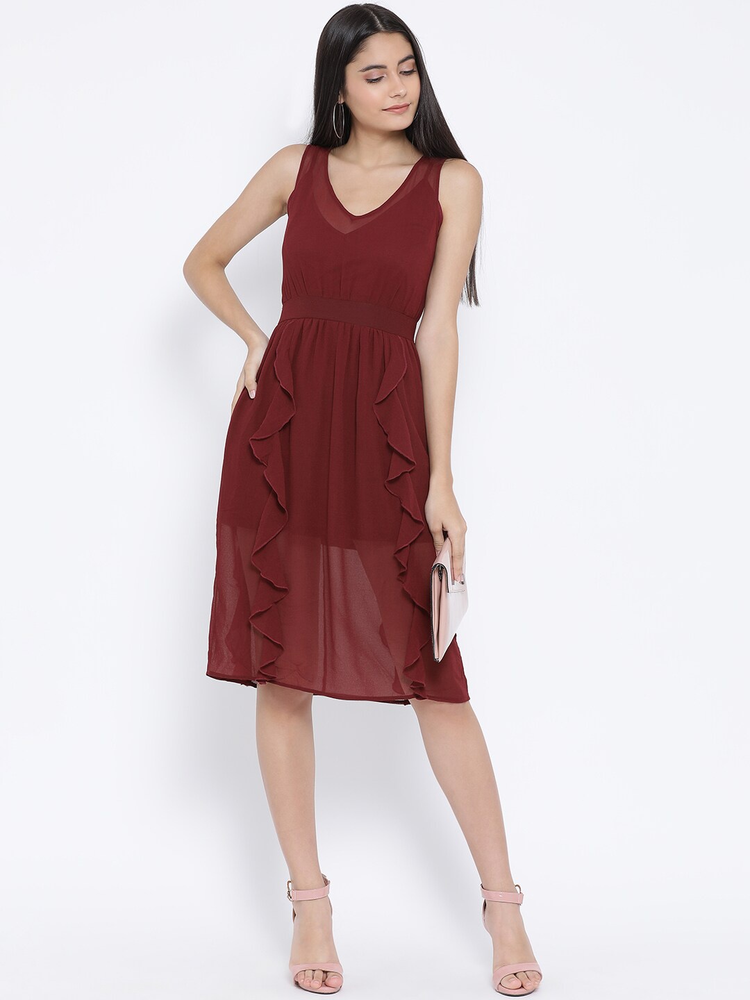 Oxolloxo Women Red Solid Fit and Flare Dress